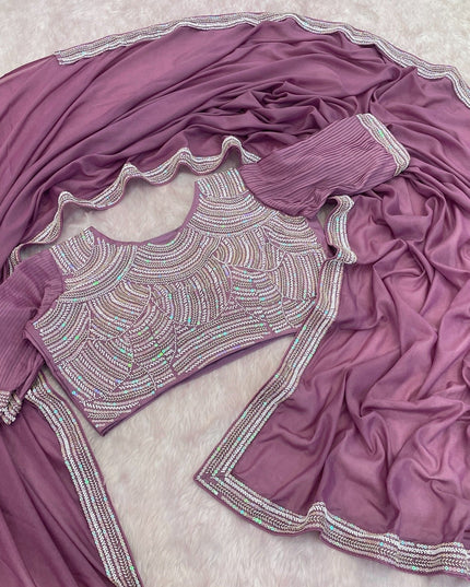 Chocolate Silk Beads Embroidery Saree | Lace Border With Piping & Stitched Blouse | Rosepetals Luxe - Rosepetals Luxe