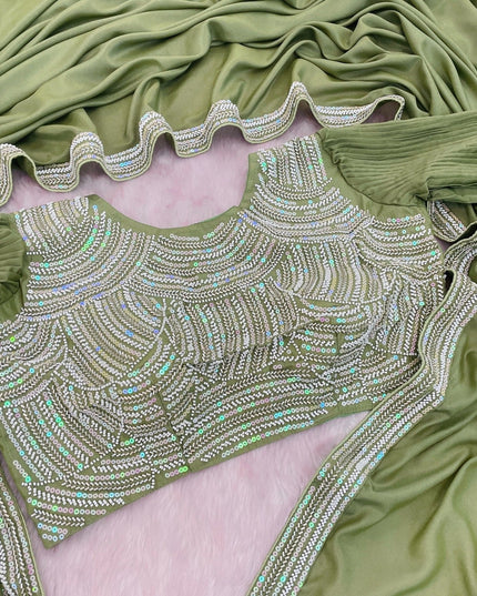 Chocolate Silk Beads Embroidery Saree | Lace Border With Piping & Stitched Blouse | Rosepetals Luxe - Rosepetals Luxe