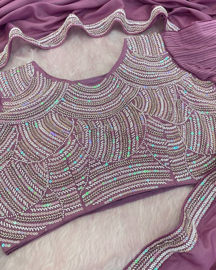 Chocolate Silk Beads Embroidery Saree | Lace Border With Piping & Stitched Blouse | Rosepetals Luxe - Rosepetals Luxe