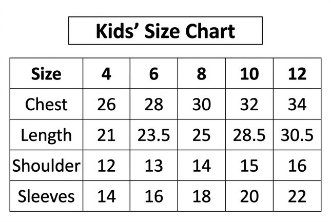Clean kids’ size chart without the gold badge