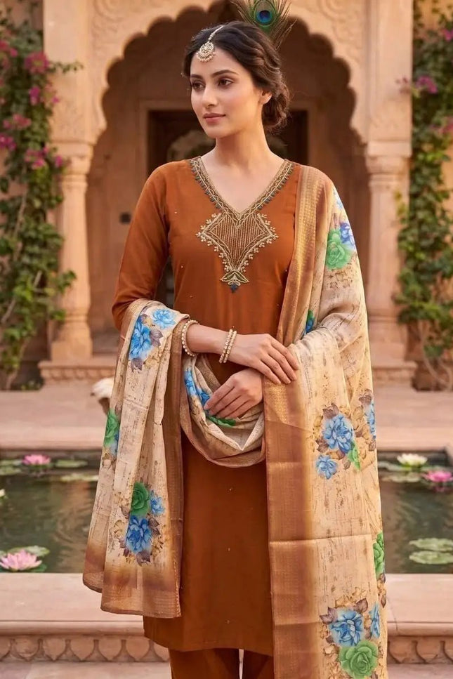 Coffee Mul Chanderi Hand Work Kurti Set with Roman Silk Bottom & Lichi Silk Jacquard Dupatta - Rosepetals Luxe
