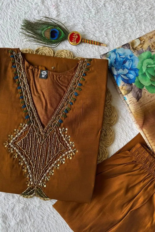 Coffee Mul Chanderi Hand Work Kurti Set with Roman Silk Bottom & Lichi Silk Jacquard Dupatta - Rosepetals Luxe
