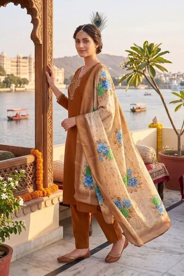 Coffee Mul Chanderi Hand Work Kurti Set with Roman Silk Bottom & Lichi Silk Jacquard Dupatta - Rosepetals Luxe