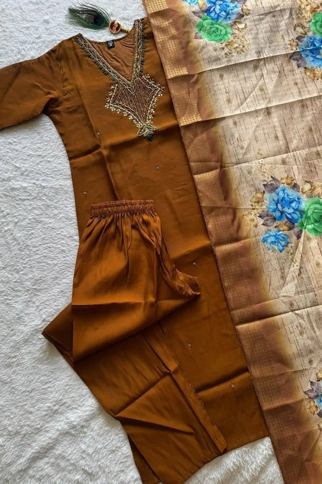 Coffee Mul Chanderi Hand Work Kurti Set with Roman Silk Bottom & Lichi Silk Jacquard Dupatta - Rosepetals Luxe