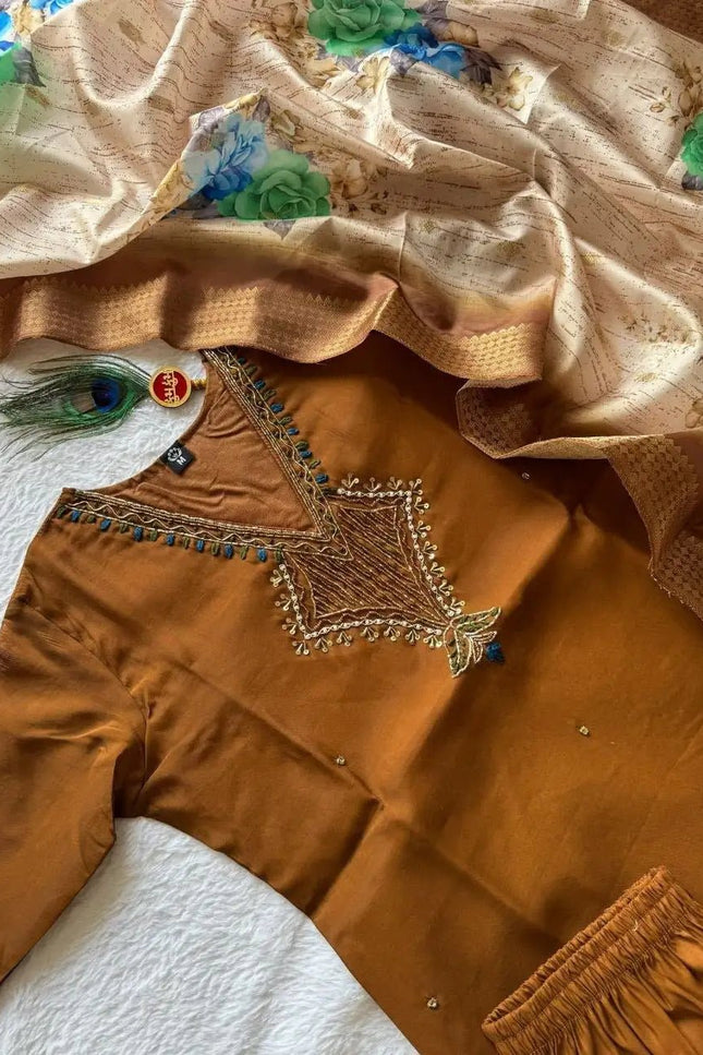 Coffee Mul Chanderi Hand Work Kurti Set with Roman Silk Bottom & Lichi Silk Jacquard Dupatta - Rosepetals Luxe