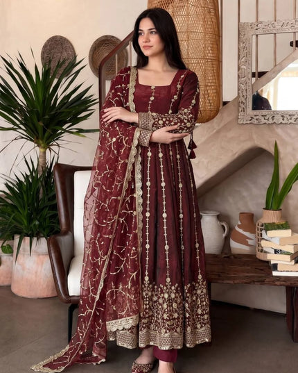 Premium Fandy Silk Embroidered Gown Set with Sequins Work, Matching Pant & Dupatta Ready to Wear Designer Party Wear Ethnic Outfit for Women
