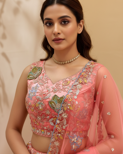 Semi-Stitched Fandy Lehenga Choli | Zari Badla Sequence Embroidery & Net Dupatta - Rosepetals Luxe
