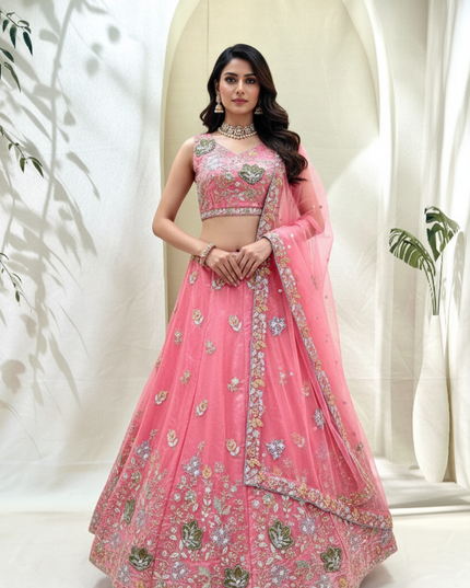 Semi-Stitched Fandy Lehenga Choli | Zari Badla Sequence Embroidery & Net Dupatta - Rosepetals Luxe
