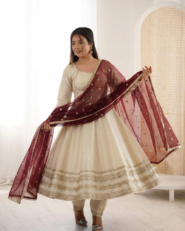 Cosmos Gold Gown with Bottom and Dupatta Set | Heavy Lace Kali Cutting Work - Rosepetals Luxe