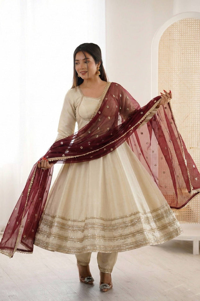 Cosmos Gold Gown with Bottom and Dupatta Set | Heavy Lace Kali Cutting Work - Rosepetals Luxe