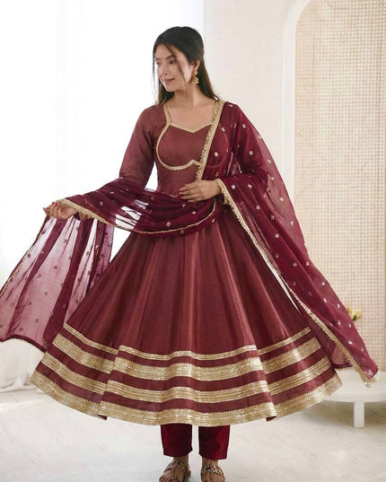 Cosmos Gold Gown with Bottom and Dupatta Set | Heavy Lace Kali Cutting Work - Rosepetals Luxe