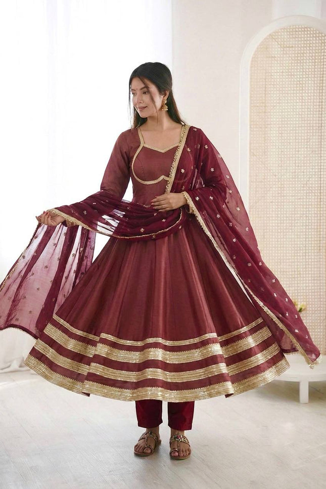 Cosmos Gold Gown with Bottom and Dupatta Set | Heavy Lace Kali Cutting Work - Rosepetals Luxe