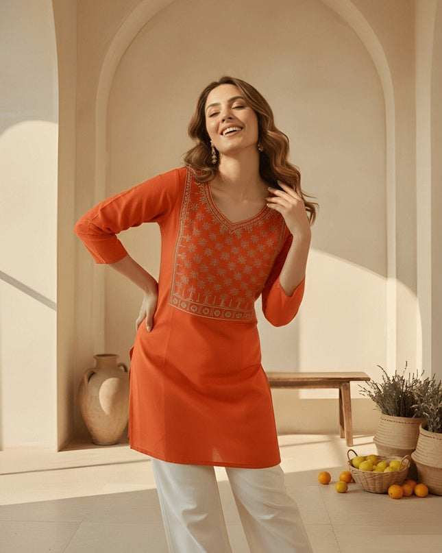 Cotton Blend Women’s Embroidery Straight Kurti | Ideal For Everyday - Rosepetals Luxe