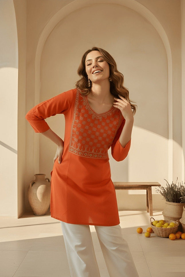 Cotton Blend Women’s Embroidery Straight Kurti | Ideal For Everyday - Rosepetals Luxe