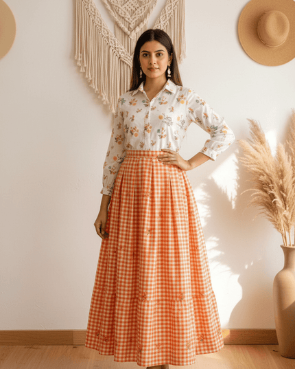 Cotton Check Maxi Dress with Floral Embroidery | Sizes S–3XL | 6 Colours - Rosepetals Luxe