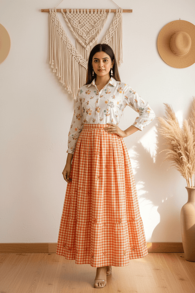 Cotton Check Maxi Dress with Floral Embroidery | Sizes S–3XL | 6 Colours - Rosepetals Luxe