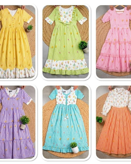 Cotton Check Maxi Dress with Floral Embroidery | Sizes S–3XL | 6 Colours - Rosepetals Luxe