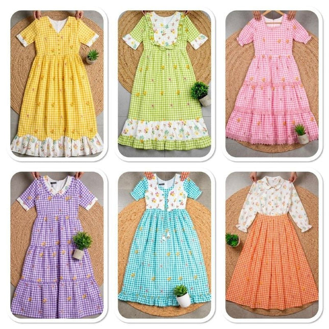 Cotton Check Maxi Dress with Floral Embroidery | Sizes S–3XL | 6 Colours - Rosepetals Luxe