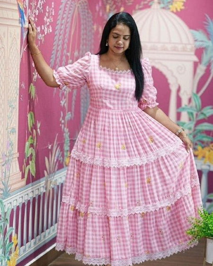 Cotton Check Maxi Dress with Floral Embroidery | Sizes S–3XL | 6 Colours - Rosepetals Luxe