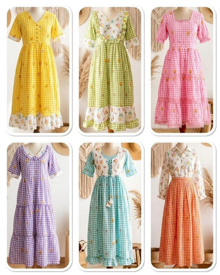 Cotton Check Maxi Dress with Floral Embroidery | Sizes S–3XL | 6 Colours - Rosepetals Luxe