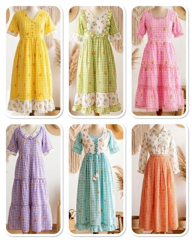 Cotton Check Maxi Dress with Floral Embroidery | Sizes S–3XL | 6 Colours - Rosepetals Luxe