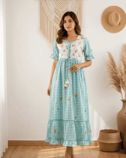 Cotton Check Maxi Dress with Floral Embroidery | Sizes S–3XL | 6 Colours - Rosepetals Luxe