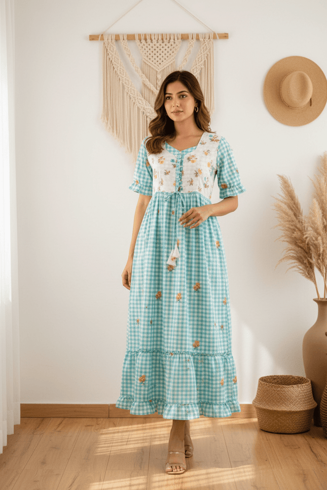 Cotton Check Maxi Dress with Floral Embroidery | Sizes S–3XL | 6 Colours - Rosepetals Luxe