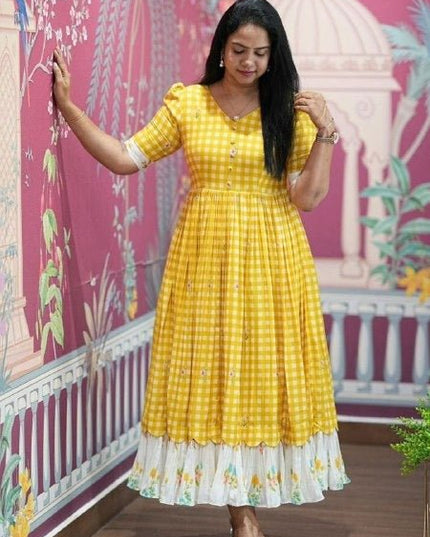 Cotton Check Maxi Dress with Floral Embroidery | Sizes S–3XL | 6 Colours - Rosepetals Luxe