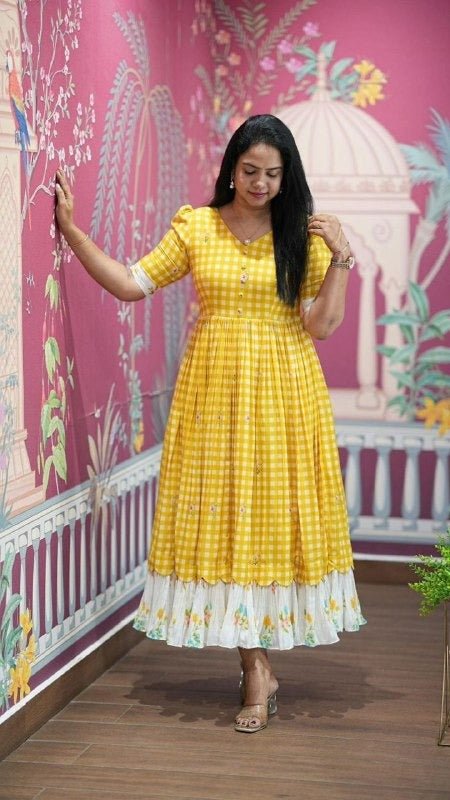 Cotton Check Maxi Dress with Floral Embroidery | Sizes S–3XL | 6 Colours - Rosepetals Luxe