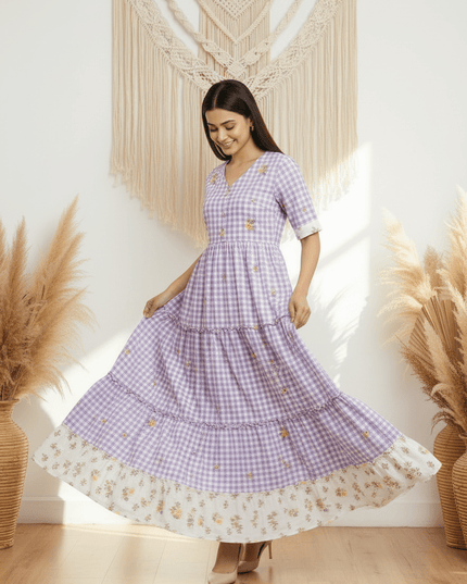 Cotton Check Maxi Dress with Floral Embroidery | Sizes S–3XL | 6 Colours - Rosepetals Luxe