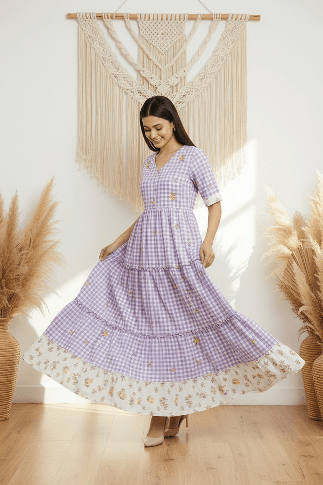 Cotton Check Maxi Dress with Floral Embroidery | Sizes S–3XL | 6 Colours - Rosepetals Luxe