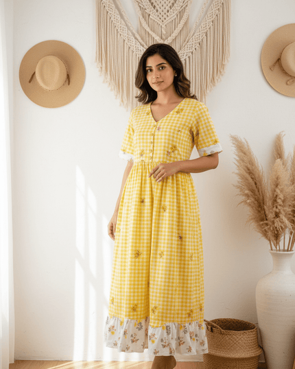 Cotton Check Maxi Dress with Floral Embroidery | Sizes S–3XL | 6 Colours - Rosepetals Luxe