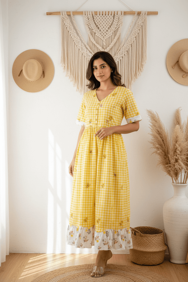 Cotton Check Maxi Dress with Floral Embroidery | Sizes S–3XL | 6 Colours - Rosepetals Luxe