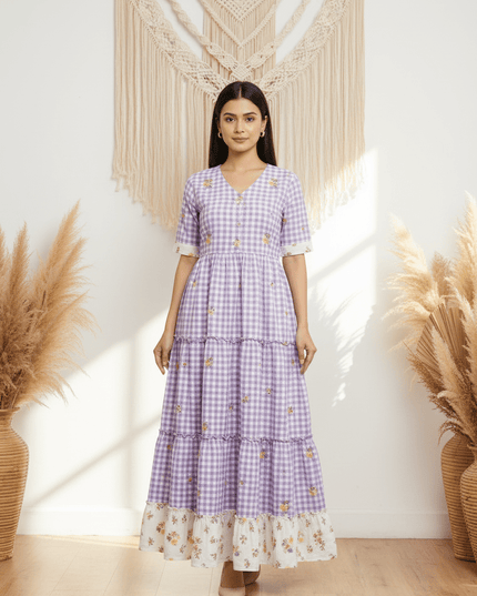 Cotton Check Maxi Dress with Floral Embroidery | Sizes S–3XL | 6 Colours - Rosepetals Luxe