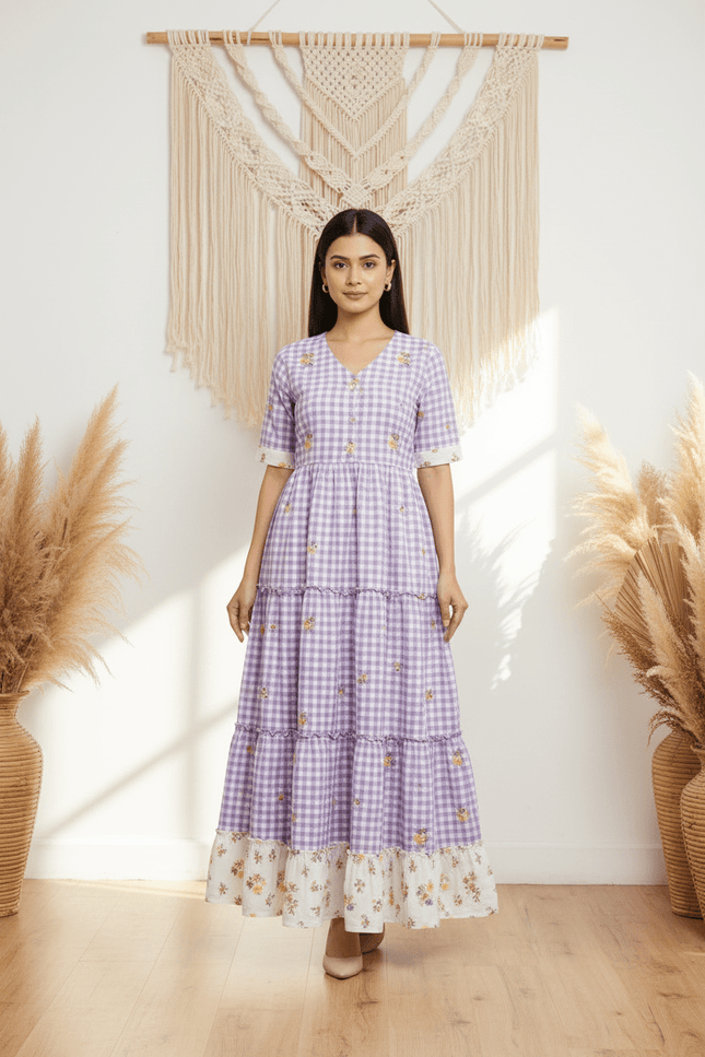 Cotton Check Maxi Dress with Floral Embroidery | Sizes S–3XL | 6 Colours - Rosepetals Luxe