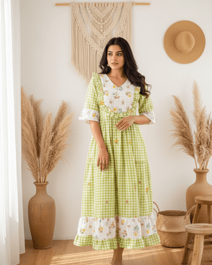 Cotton Check Maxi Dress with Floral Embroidery | Sizes S–3XL | 6 Colours - Rosepetals Luxe