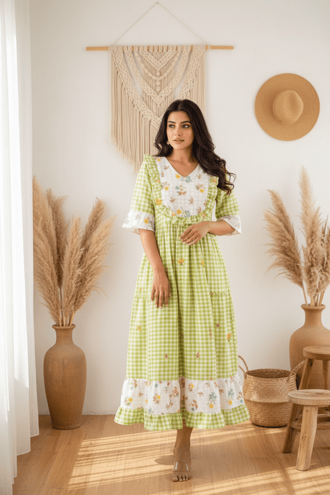 Cotton Check Maxi Dress with Floral Embroidery | Sizes S–3XL | 6 Colours - Rosepetals Luxe