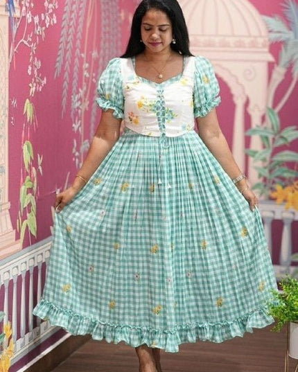 Cotton Check Maxi Dress with Floral Embroidery | Sizes S–3XL | 6 Colours - Rosepetals Luxe