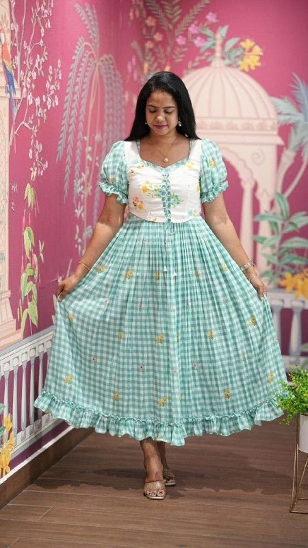 Cotton Check Maxi Dress with Floral Embroidery | Sizes S–3XL | 6 Colours - Rosepetals Luxe