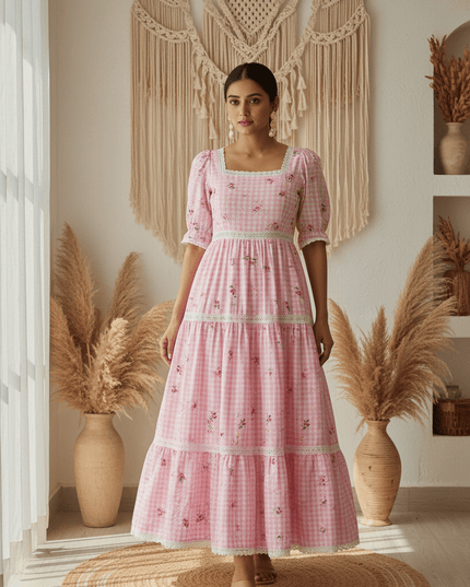 Cotton Check Maxi Dress with Floral Embroidery | Sizes S–3XL | 6 Colours - Rosepetals Luxe