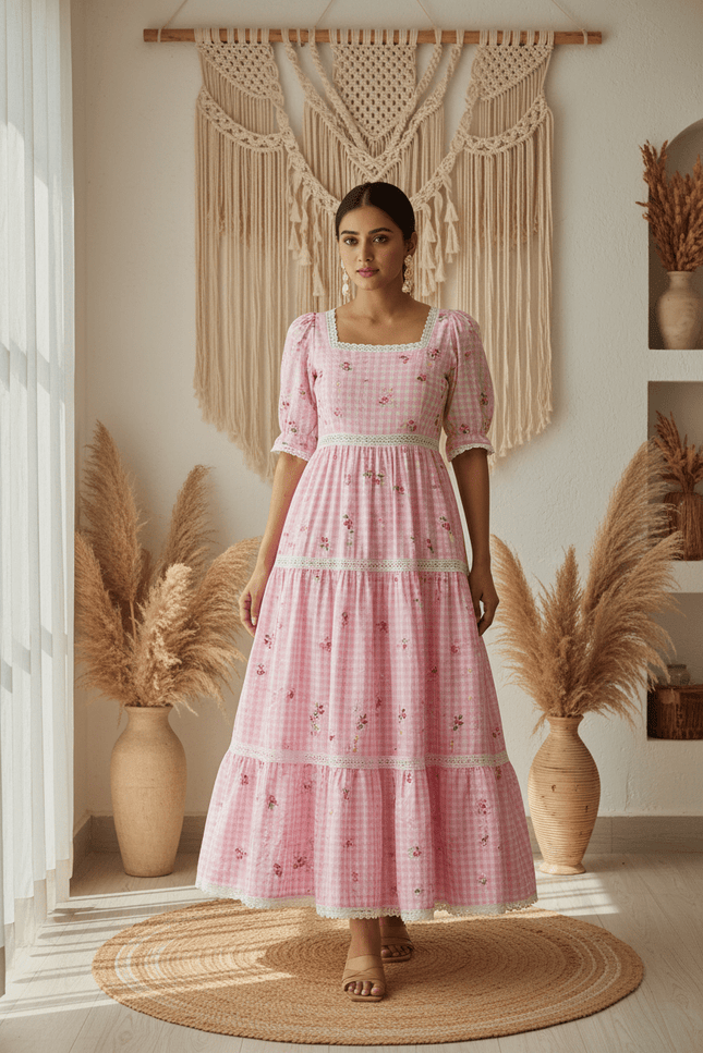 Cotton Check Maxi Dress with Floral Embroidery | Sizes S–3XL | 6 Colours - Rosepetals Luxe
