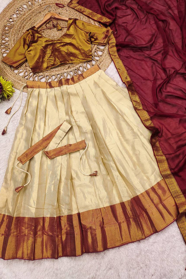Cotton Silk Lehenga Choli Set | Gold Border | Rangoli Silk Dupatta & Waist Belt | Fully Stitched - Rosepetals Luxe