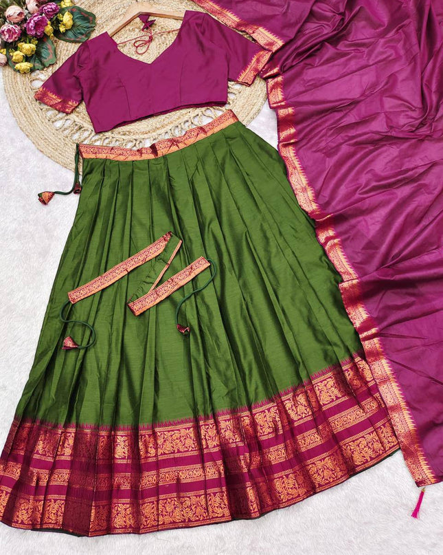 Cotton Silk Lehenga Choli Set | Gold Border | Rangoli Silk Dupatta & Waist Belt | Fully Stitched - Rosepetals Luxe