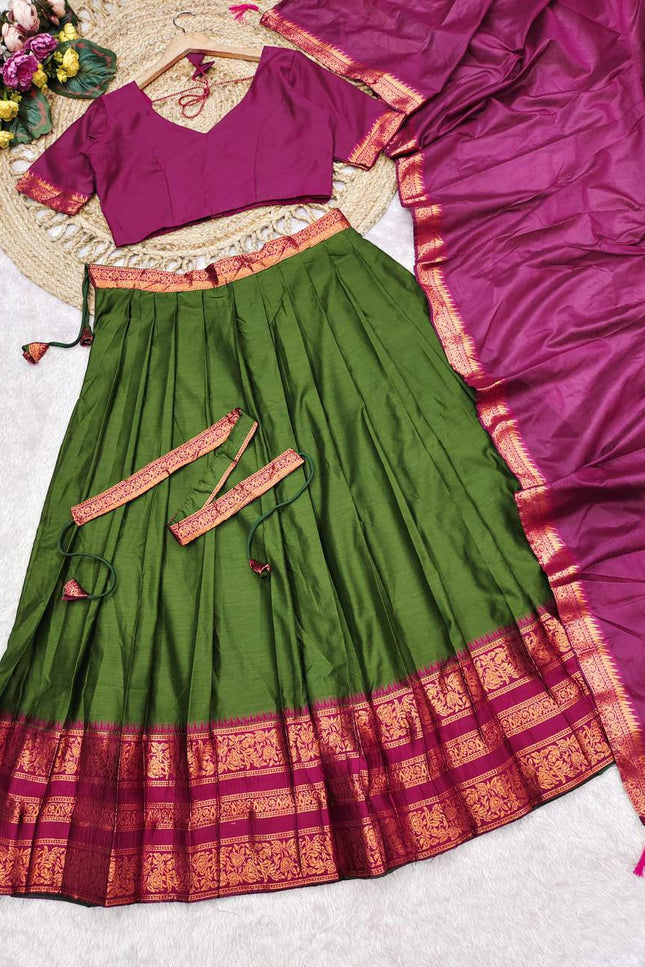 Cotton Silk Lehenga Choli Set | Gold Border | Rangoli Silk Dupatta & Waist Belt | Fully Stitched - Rosepetals Luxe