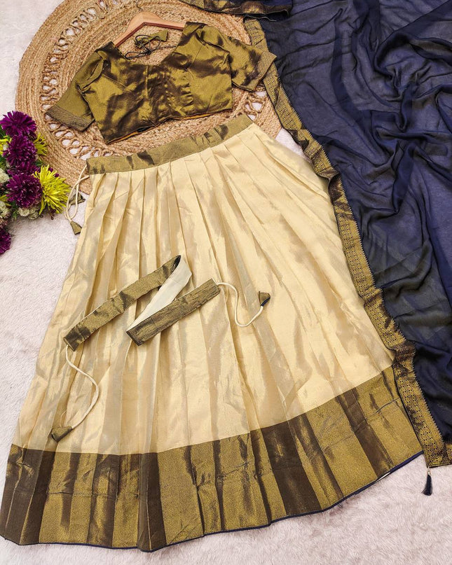 Cotton Silk Lehenga Choli Set | Gold Border | Rangoli Silk Dupatta & Waist Belt | Fully Stitched - Rosepetals Luxe