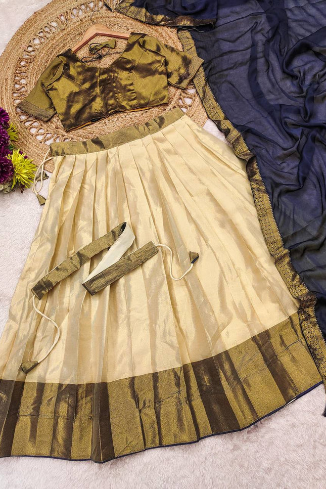 Cotton Silk Lehenga Choli Set | Gold Border | Rangoli Silk Dupatta & Waist Belt | Fully Stitched - Rosepetals Luxe