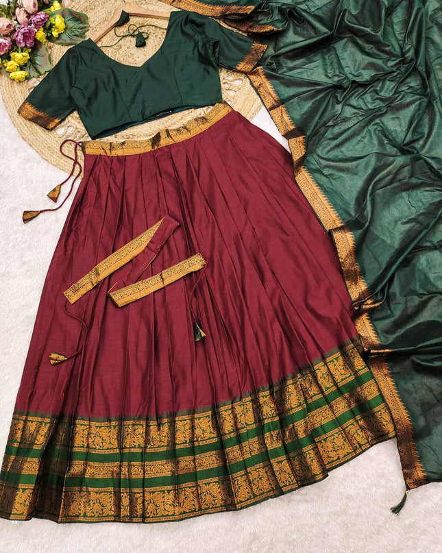Cotton Silk Lehenga Choli Set | Gold Border | Rangoli Silk Dupatta & Waist Belt | Fully Stitched - Rosepetals Luxe