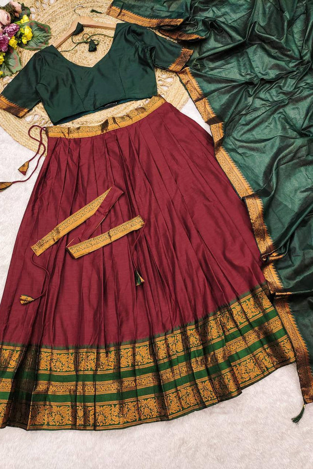 Cotton Silk Lehenga Choli Set | Gold Border | Rangoli Silk Dupatta & Waist Belt | Fully Stitched - Rosepetals Luxe