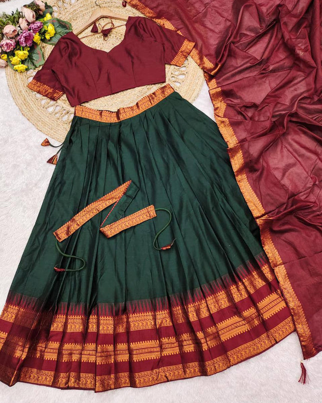 Cotton Silk Lehenga Choli Set | Gold Border | Rangoli Silk Dupatta & Waist Belt | Fully Stitched - Rosepetals Luxe