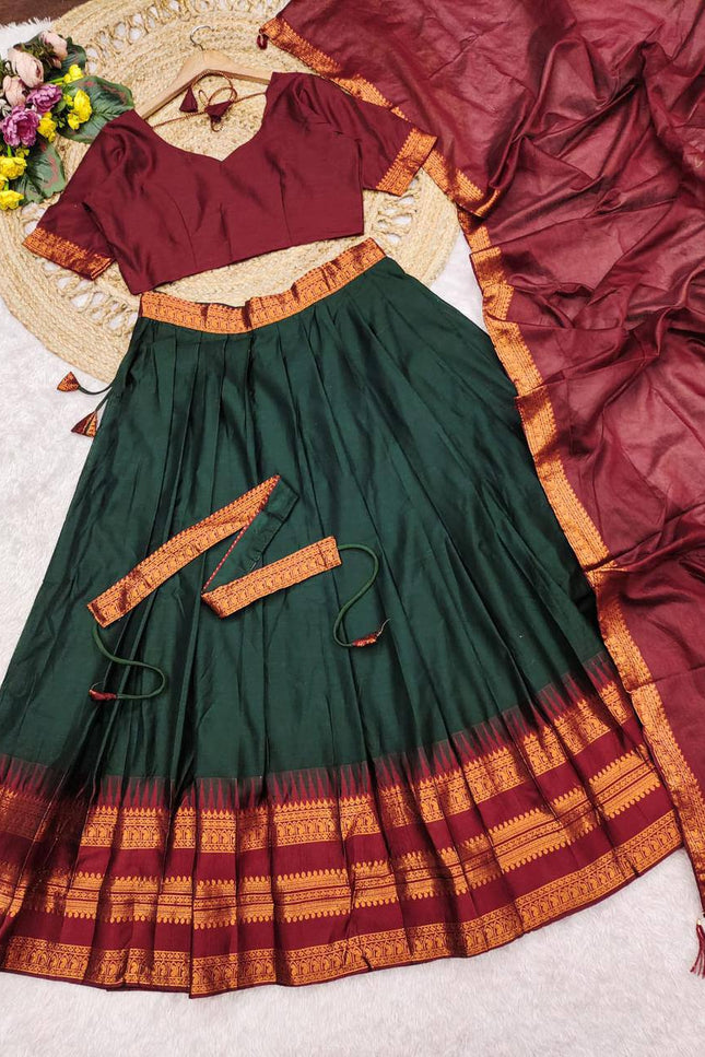 Cotton Silk Lehenga Choli Set | Gold Border | Rangoli Silk Dupatta & Waist Belt | Fully Stitched - Rosepetals Luxe